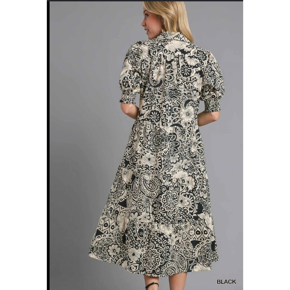 Umgee Black Vintage Garden Shirt Dress Tiered Midi Length w/ Puff Sleeves sz S - Picture 2 of 9